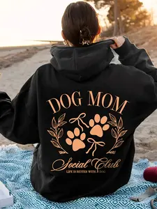 Dog Mom Social Club Women's Casual Hooded Sweatshirt with Paw Leaf Design Brown Thermal Lined All-Season Comfort Fit Drawstring Everyday Wear Tops