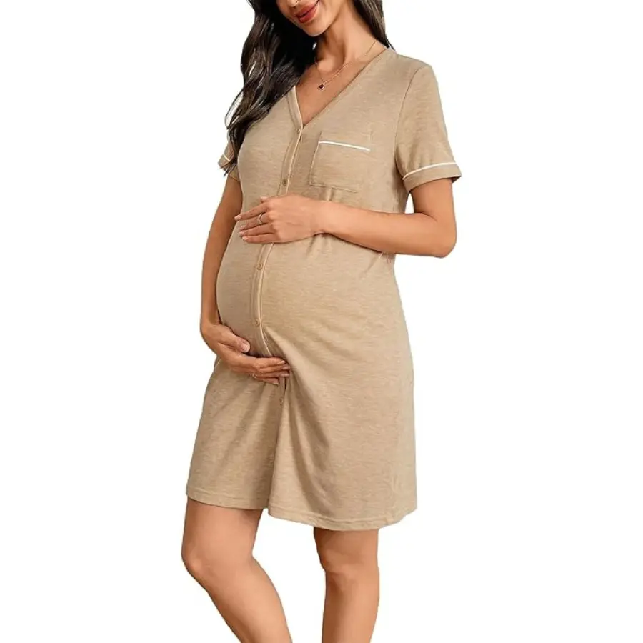 Maternity Labor and Delivery Gown, Soft V-Neck Short Sleeve Nursing Dress with Pockets, Bump Friendly Postpartum Maternity Wear, Nursing Dresses Breastfeeding, Maternity Clothing