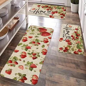 JIT 1/2/3 pcs cotton flannel strawberry entry floor carpet, Kitchen carpet set, cotton flannel bedside mat, Washable, suitable for kitchen and corridor floors, Home Decor Rugs, Home Decorative Rug