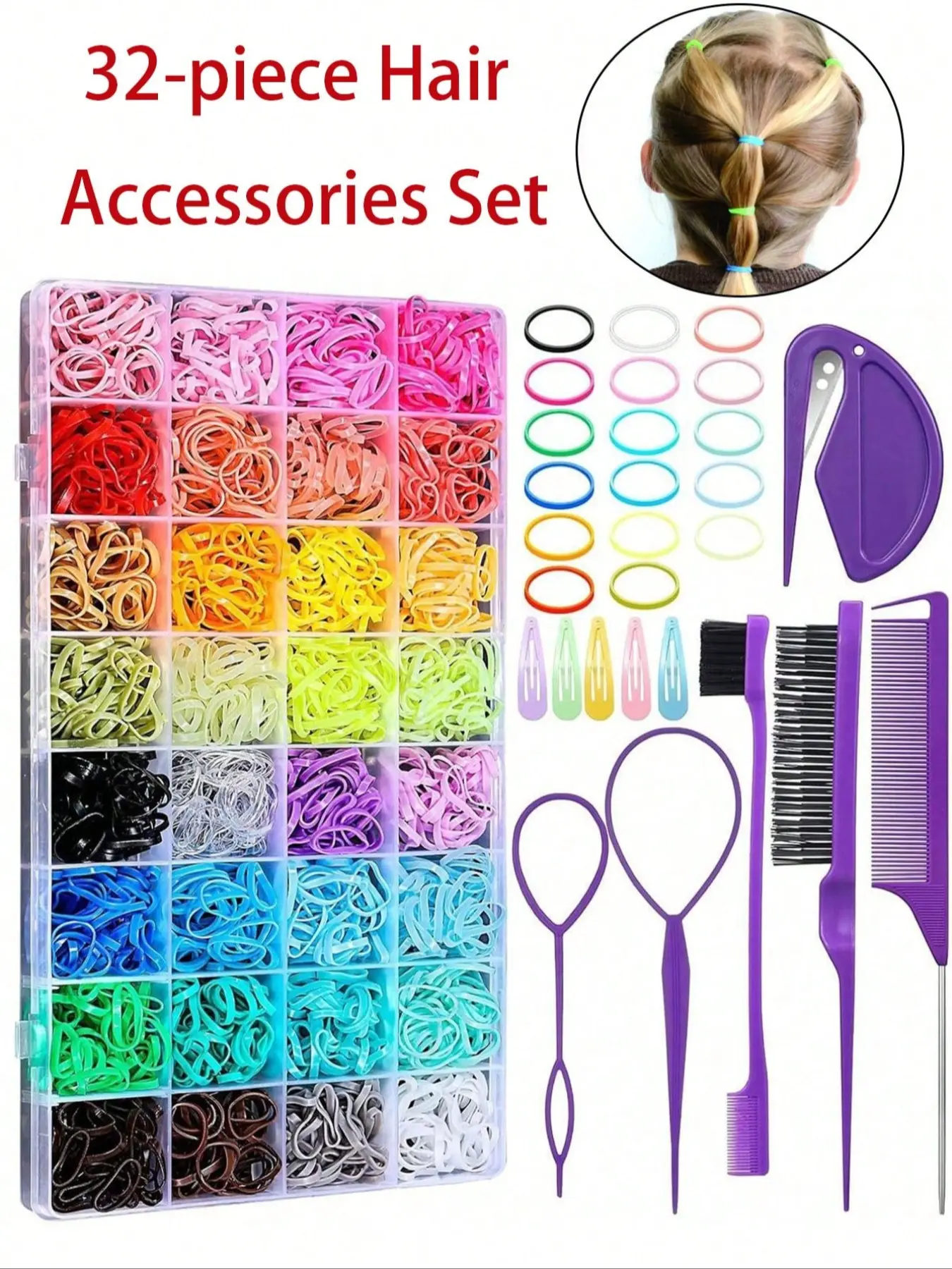 Kids Hair Ties & Styling Kit, 1800pcs with 32 Colors Mini Elastic Bands, 16 Hair Styling Tools & Trimmer, Hair Accessories for Girls