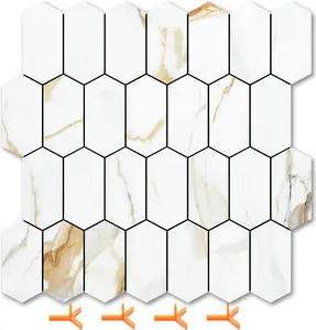 Vamos Tile Long Hexagon Peel and Stick Backsplash Tile - 10 Sheets Stick on Backsplash for Kitchen and Bathroom 12.4 x 12 Inch Calacatta Gold PVC Self Adhesive Mosaic Wall Tiles