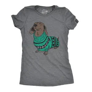 Womens Wiener Dog Ugly Christmas Sweater T shirt Dachshund Pet Owner Mom Tee Funny Womens T Shirts Cute Vintage Fashion Casual Ladies T-Shirt Gift Christmas Tops for Women Funny Dog Top Women's Novelty Tees Dark Grey