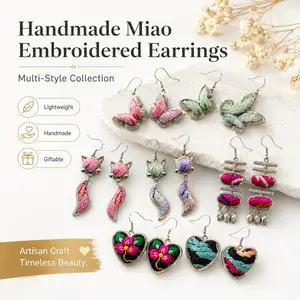 Women's 100% Handmade Miao Embroidered Dangle Earrings - Bohemian Artisan Jewelry with Butterfly, Fox, Heart, Owl Animal Character Designs, Lightweight Gift for Women, Bohemian Earrings