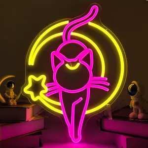 Moon Cat Design Neon Light, USB Powered LED Decorative Neon Light, Dimmable Neon Sign for Living Room Bedroom Decoration, Modern Mood Lighting, Creative Gift for Girls, Cat Lovers, Neon Lamps