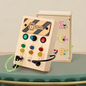 Wooden Busy Board, LED Busy Board with Light Switch, Sensory Toy, Stress Relief Travel Toy, Educational Learning Toy, Suitable for Kids Aged 3+, Multifunction