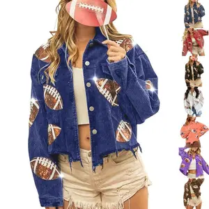 Womens Game Day Corduroy Sequin Football Cropped Jacket Rugby Oversized Lapel Button Down Shirt Shacket Coat
