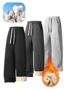 Men's Solid Thermal Lined Drawstring Waist Fleece-lined Thickened Pants Casual Comfy Regular Fit Straight Leg Trousers for Fall Winter Menswear Socks Beige Light Linen Gray Plain