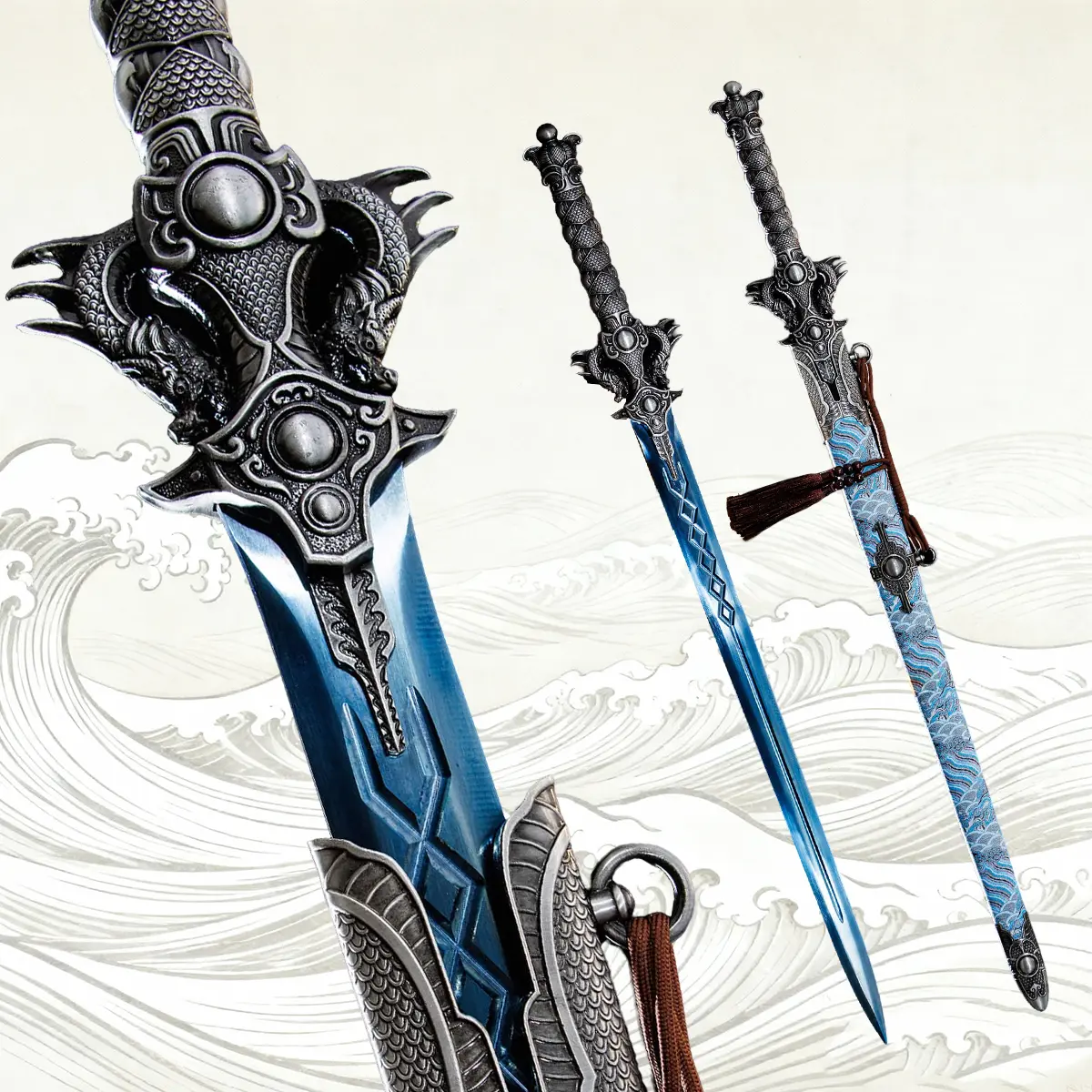 Double Dragon Handcrafted Chinese Sword - 1060 Full Tang Hand-Forged, Heat Treatment, Blue Blade with Unique Engraving, Exquisite Double Dragon  Handle, Full Tang Tang Dynasty Craftsmanship, Deluxe Sword Sheath，The best gift,No sharp