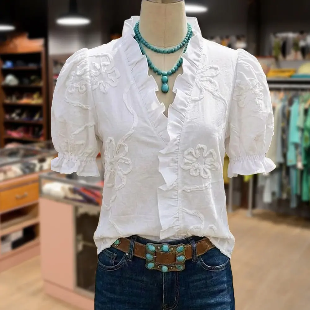 Cherrybetty 100% Cotton Flower Embroidered Ruffle Neck Puff Sleeve Cotton Top Spring Fashion Tiktok Shop Spring Glow Up Sweety Essential Comfort Elegant Outfits Going Out Tops