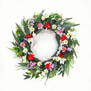 20 Inch Spring Floral Wreath with White Daisies Red Pink Purple Flowers Eucalyptus Leaves Artificial Fade Resistant Front Door Wreath for Easter Mothers Day Wedding Farmhouse Home Wall Window Mantel Decor
