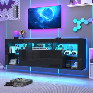 Floating TV Stand for 65/70/75/85 inch inch TV, High Gloss Led Gaming Entertainment Center with Storage and Shelf, Wall Mounted TV Console Table with Lights, White/Black Furniture Living Room Organization Home