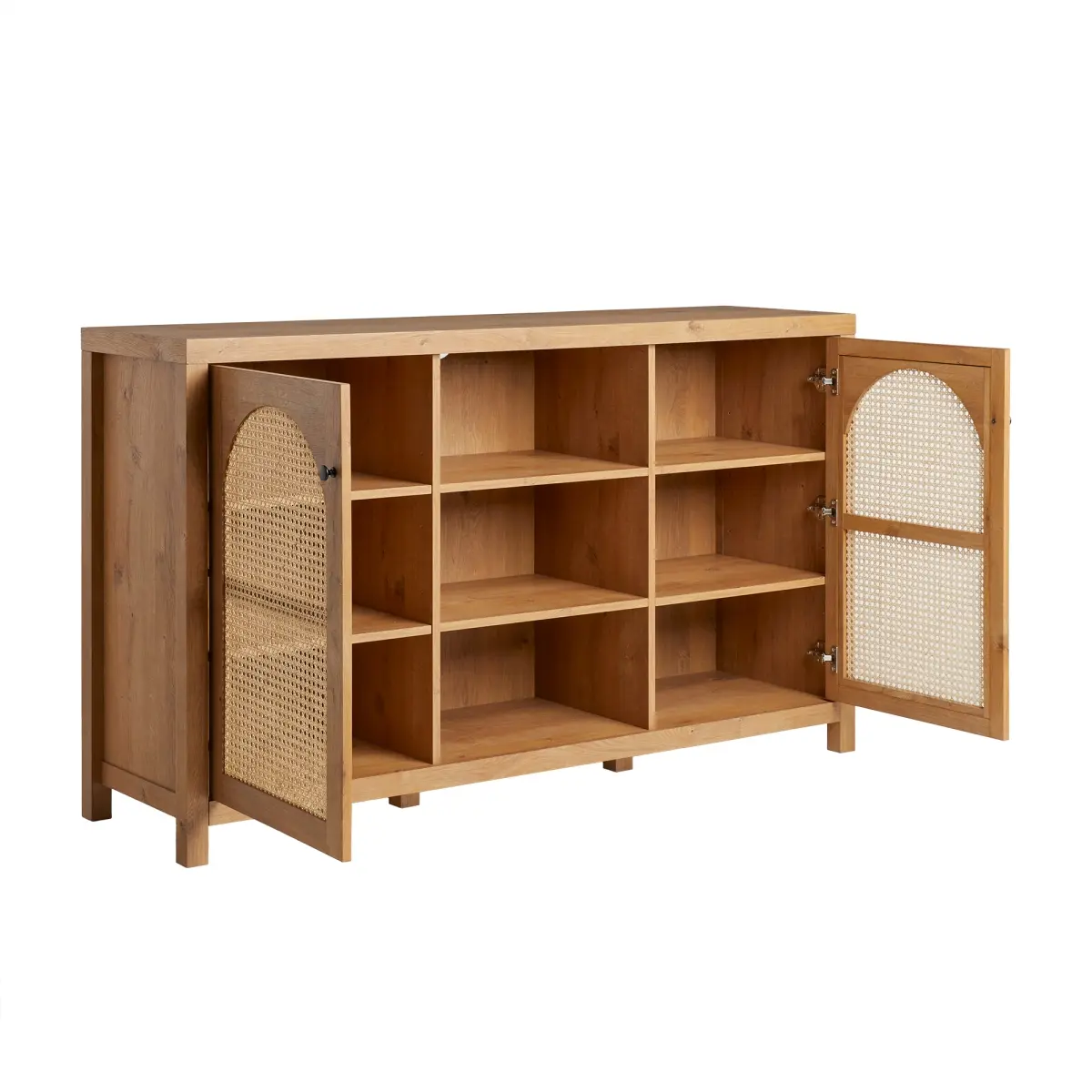 Walker Edison SAHD5DEO 4-Door Full Height High-Capacity Large Capacity Sideboard, 34x15.75x58 in. English Oak with Arched Rattan Panels, Arch-Shaped Curved Sideboard, Arch-Shaped Sideboards, Curved Sideboards