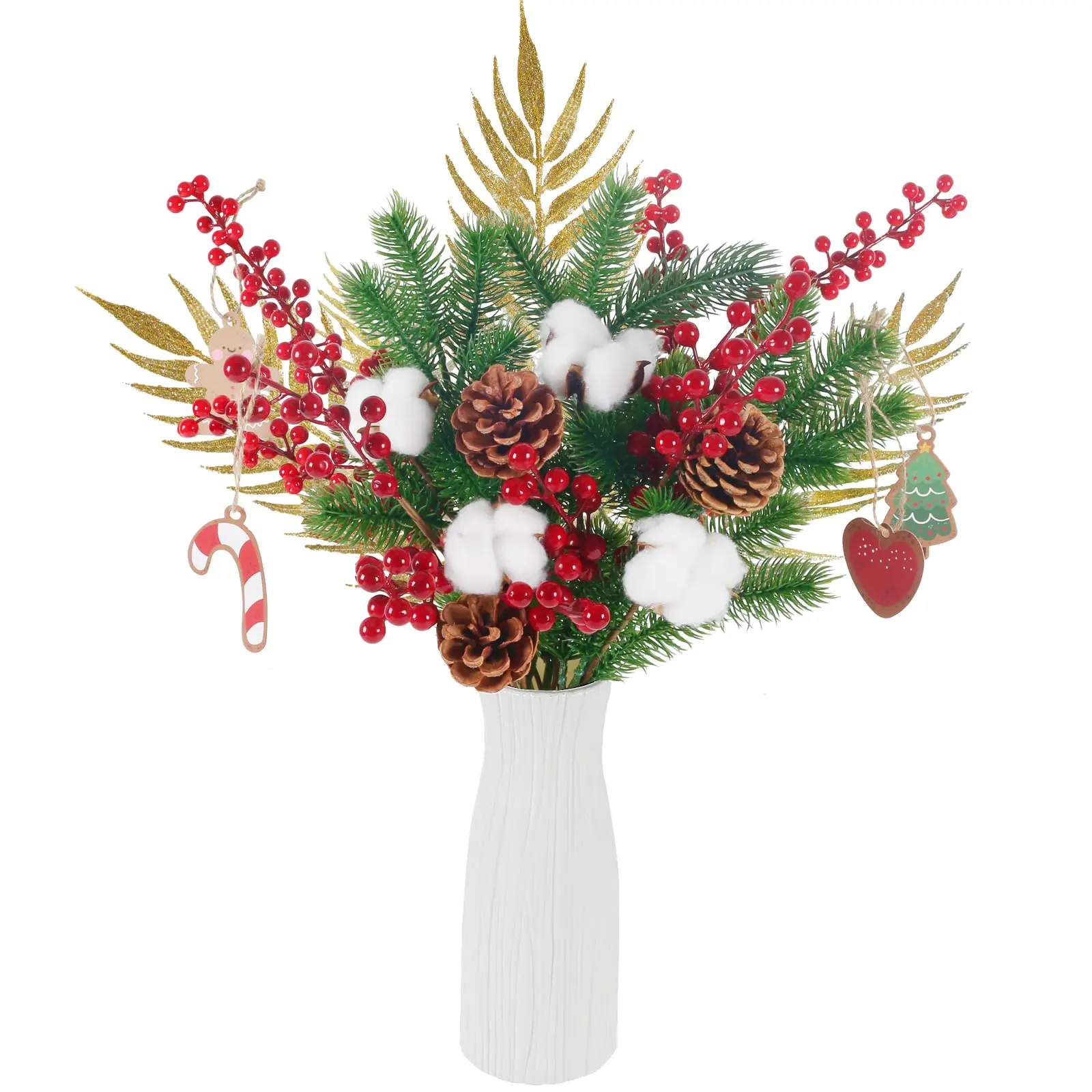 17PCS Plastic Artificial Christmas Flower Bouquet - Faux Red Berry Picks, Fake Pine Branches, Vase-Included Floral Arrangements for Holiday Home Decor, DIY Craft Ornaments, Festive Gift, Decoration, Decorative, Fake Flowers, 9''/23Cm Vase Height, 18”/46Cm