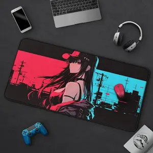 Glitch Hop Girl - Cool Neon Anime Girl Desk Mat, Hip Hop Mousepad, Urban Cyberpunk Glitch Art, Large Gaming Mat, Office Decor