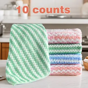10 Counts Microfiber Cleaning Cloth, Kitchen Towels Absorbent Streak Free Cleaning Towels for Dish Drying Washing, 9.84" x 9.84" Striped Washable and Reusable Towels, Soft Cleaning Towel, Home Cleaning Products
