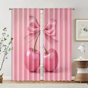2pcs Cute pink cherry and bow pattern Print Curtains, Half-Transparent Polyester, Fade Resistant, Hand Washable, Ideal for Bedroom and Living Room Decor, Window Curtain