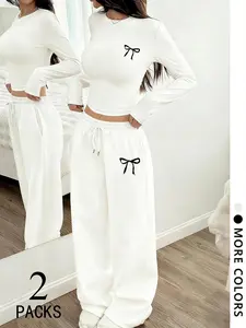 Women's Two-Piece Set, Womenswear European Style Round Neck Long Sleeve Top, Straight Leg Pants, Comfortable Fabric, Perfect for Daily Wear, Travel, Shopping, Sleep