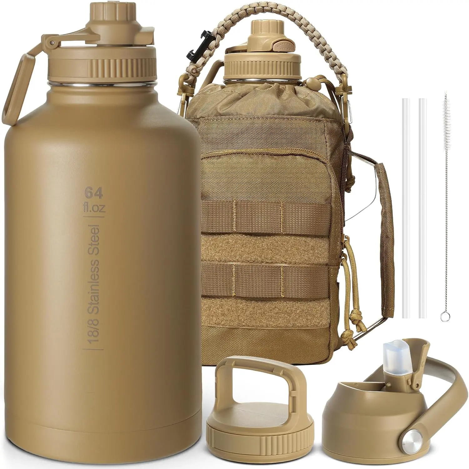 64 oz/water bottle with straw, leak-proof hydration bottle with 3 lids and nylon carrying bag for outdoor sports gym travel, 48 hours cold storage
