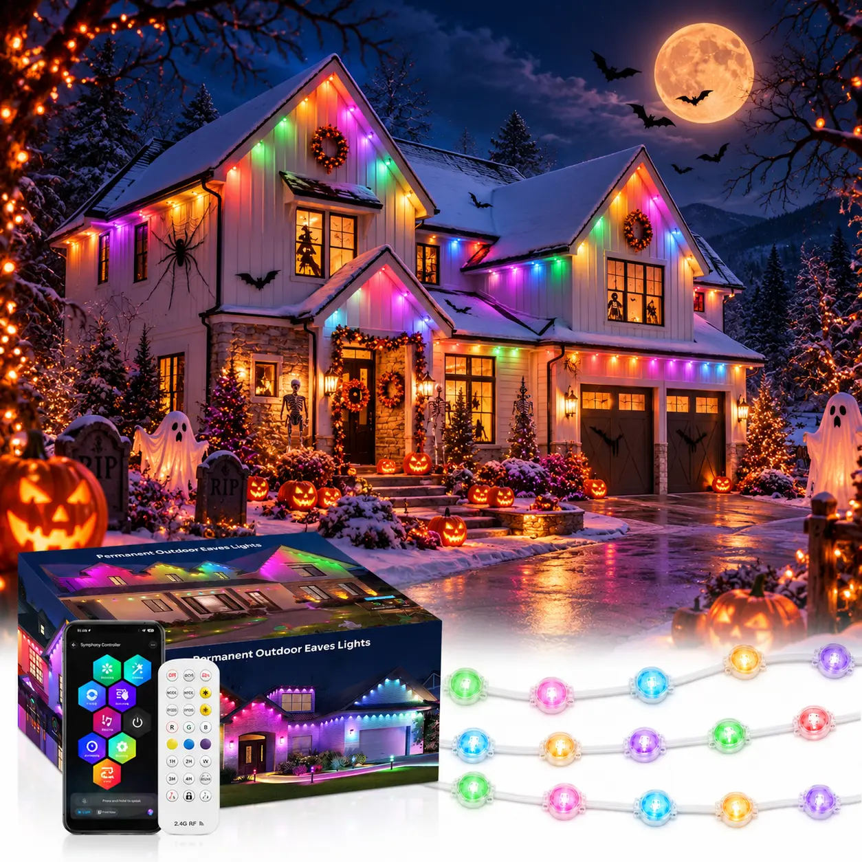 VALLERICO Permanent Outdoor RGBIC & RGBCW LED Eave Light Strips,50FT-300FTIP67 Waterproof Colorful Lights, Adjustable LEDs, 2.4G Remote Control & Bluetooth APP, Alexa/Google Assistant Compatible, Music Sync&Scene Modes for Holiday Decor,Stockup,Halloween