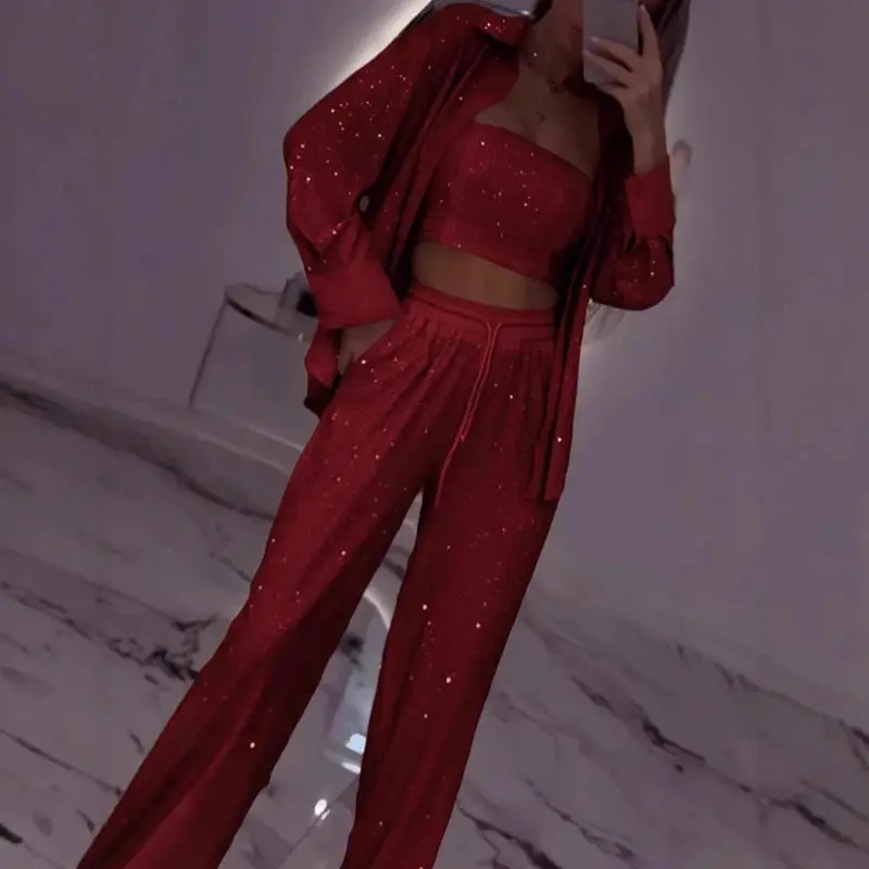 Sequin Glitter Shiny Womens Strapless Tube Top & Zipper Jacket & Lace-Up Pants 3-Piece Tracksuit to 3X Plus Size