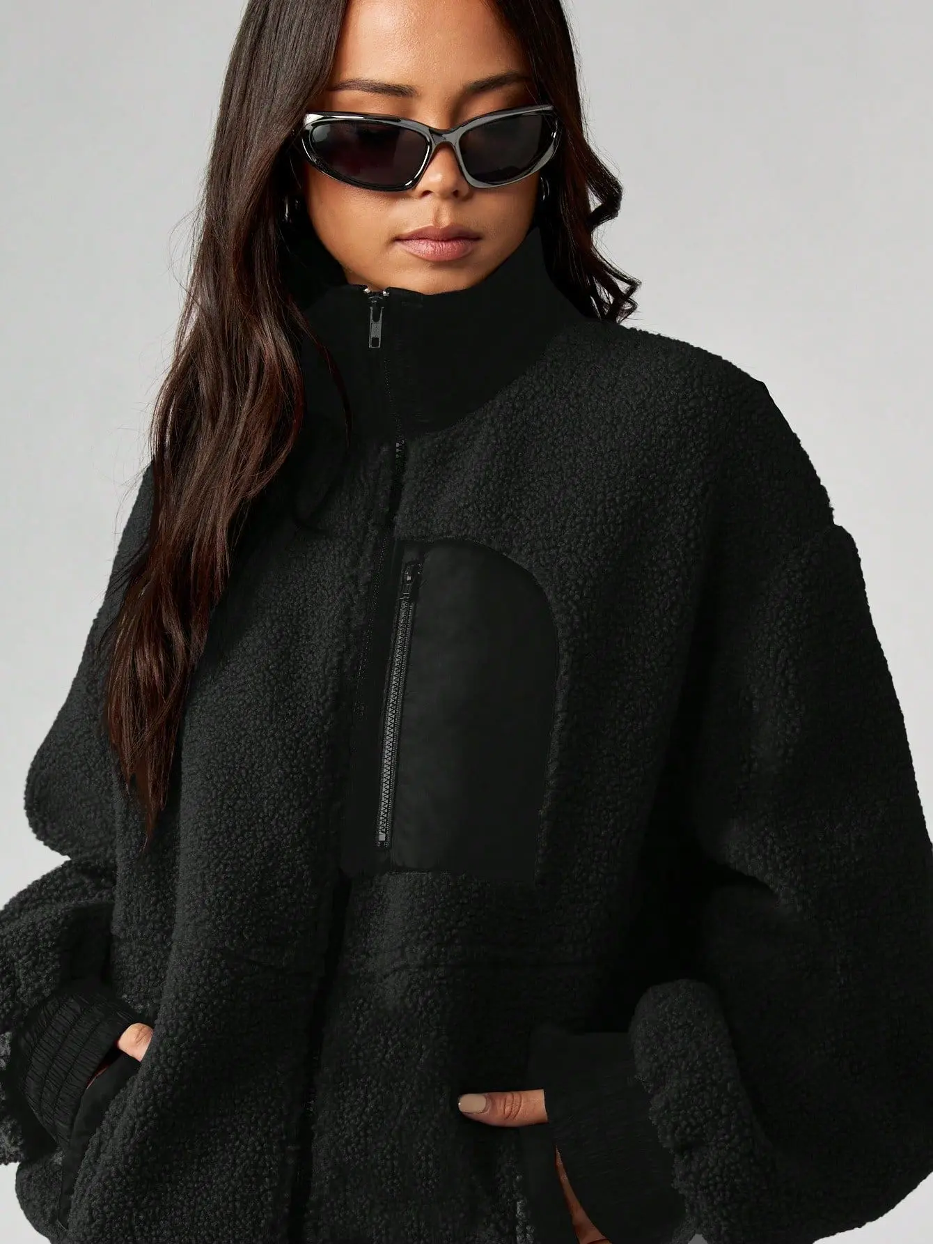Arssm Women’s Teddy Fleece Jacket – Oversized Sherpa Zip Up Coat, Color Block Cropped Plush Jacket for Y2K Streetwear, Cozy Winter Outfit & Outdoor Aesthetic
