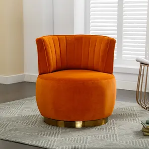 Velvet Swivel Barrel Chair, Modern Upholstered Accent Chair, 360° Swivel Round Lounge Chair with Gold Metal Base, Comfy Arm Chair Sherpa Chair for Nursery, Living Room, Bedroom, Club, Office, Orange