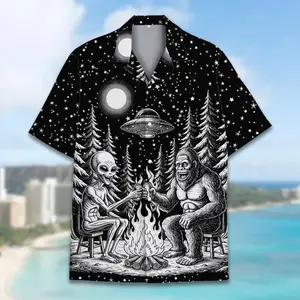 Alien Hawaiian Shirt Unisex, UFO Campfire Aloha Button Down Short Sleeve Shirt, Funny Sci Fi Outfit