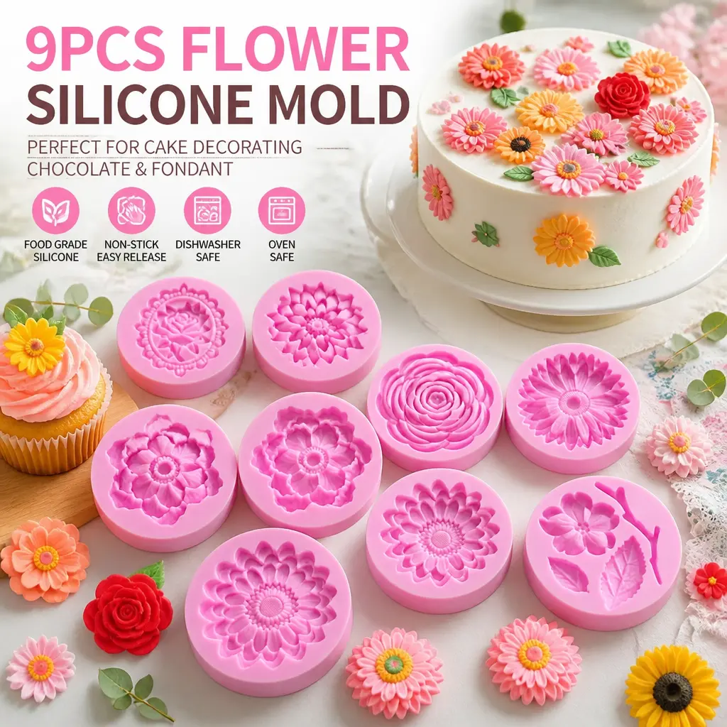 9pcs Silicone Sunflower Daisy Bakery Molds - Easy Release, Multi-Size Kitchen Bakeware - Baking Utensils Supplies for Cake Decorating, Candy Making - Ideal for DIY Baking Projects