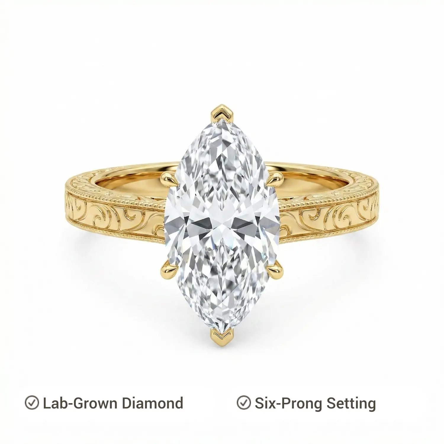 Silver-plated 18K gold lab-grown diamond ring, 3 carats, D color, VVS2 clarity, marquise cut, six-prong round design, engagement ring, 11015, promise ring