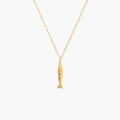en route 18K Gold Plated Gold Anchovy Necklace, Fish-inspired Pendant with Textured Finish, Stylish Statement Piece for Pairing and Set Styling