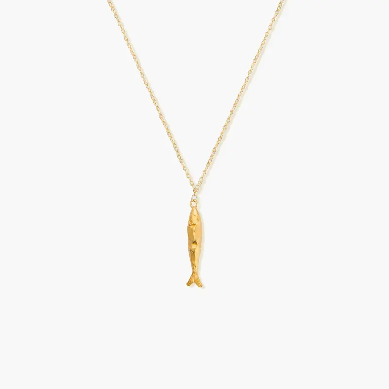 en route 18K Gold Plated Gold Anchovy Necklace, Fish-inspired Pendant with Textured Finish, Stylish Statement Piece for Pairing and Set Styling