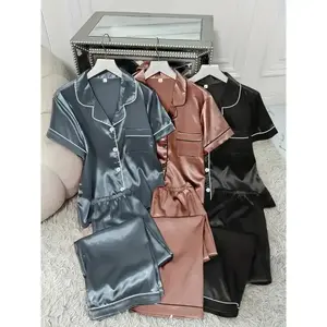 3 sets of women's solid color satin casual pajamas set, short sleeved button up collar top and pants, comfortable and loose fitting giftRAIMENTRY