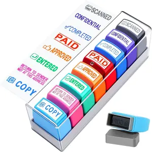 8 Pcs Office Stamps Set, Paid Copy Scanned Entered Confidential Approved Completed Return to Sender Multicolor Rubber Business Stamps with Storage Case