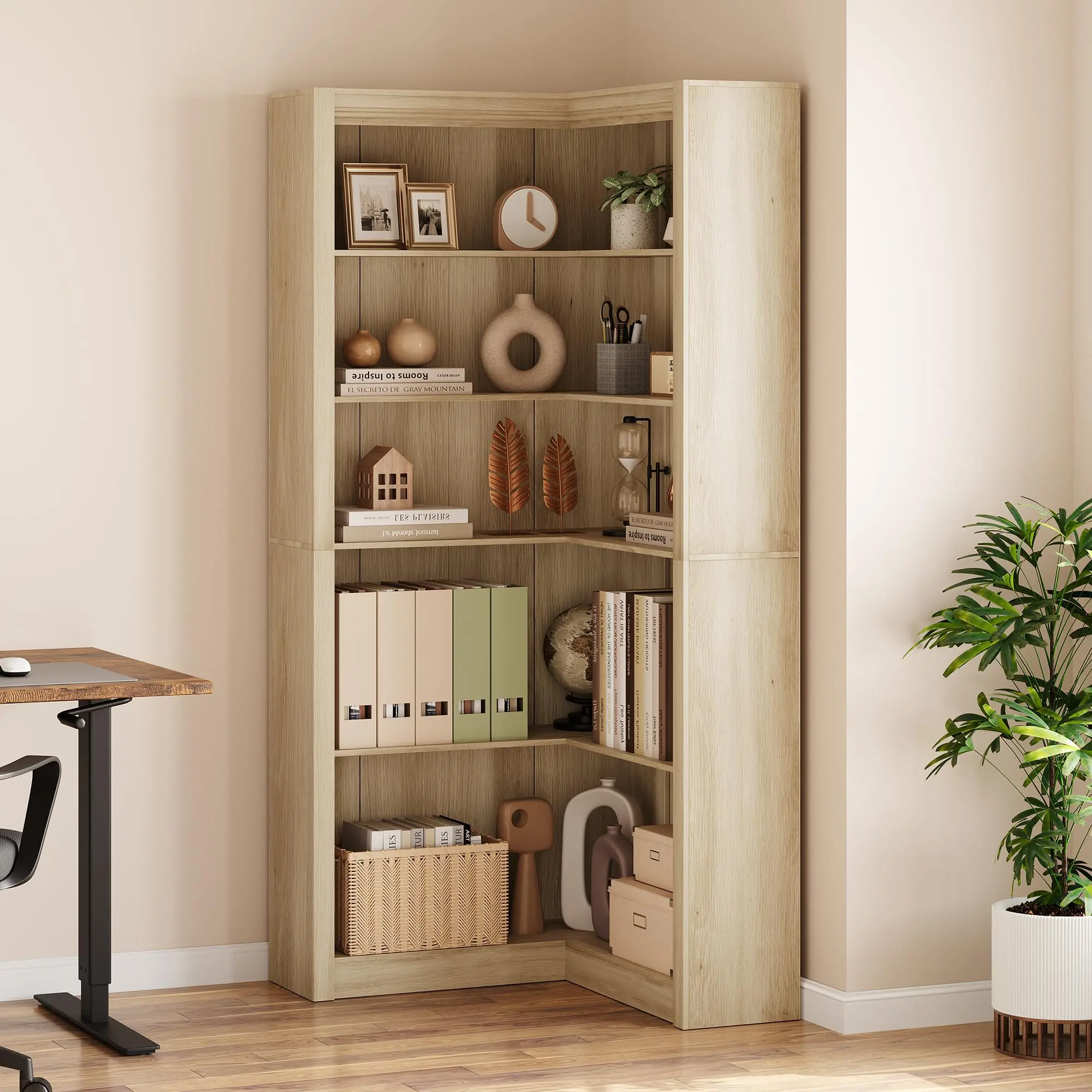 71.8 in H L-Shaped Farmhouse Corner Bookshelf Rack, 5-Tier Heavy Duty Waterproof MDF Bookshelf Organizer (31.5w"*31.5d"*71.8 in h), 60lb Capacity, Large Storage, Anti-Tip Kit, Easy-Install Indoor Furniture Display Shelf