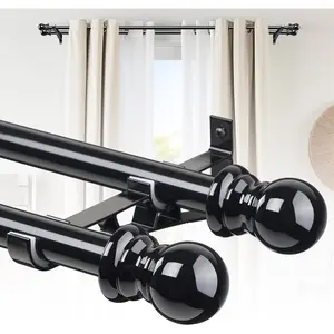 Double Curtain Rod 28-42 Inch, 1 Inch Heavy Duty Adjustable Drapery Rod Set with Brackets, Decorative Curtain Rod for Sheer, Blackout Curtains, for Kitchen Bedroom Living Room Windows -Black