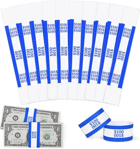 ESSENTIAL 100 Pcs Currency Straps - Bill Wrappers, 7.5 X 1.15 Inches, Money Bands to Organize Bills, ABA Standard Colors, Self-Adhesive ($100 / Blue)