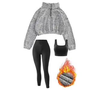 Women's 3-Piece Winter Activewear Set Fleece-Lined Sweatshirt Sports Bra Top & High-Waist Yoga Pants Quick-Dry Breathable 4-Way Stretch for Yoga Running Daily Training