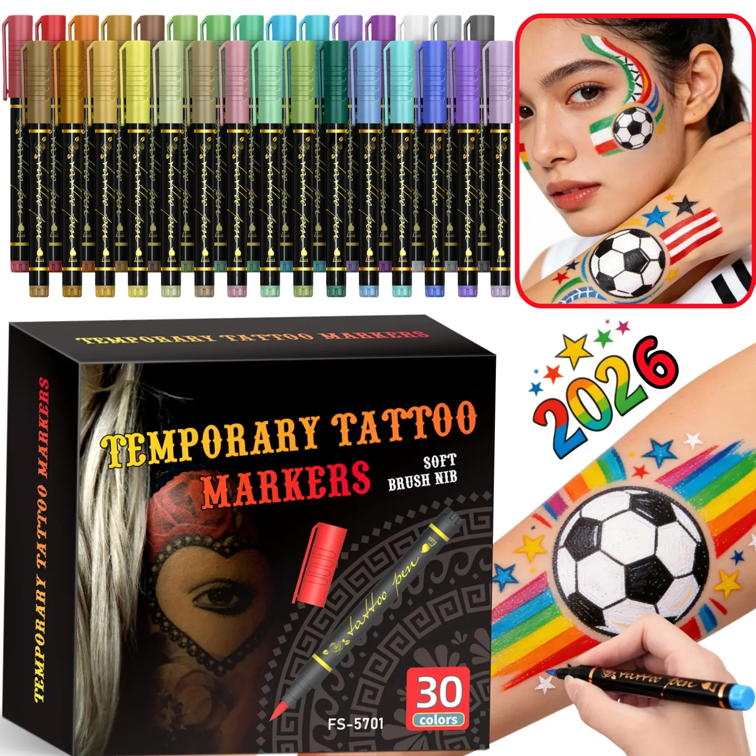 Temporary Tattoo Markers for Skin, 10/15/30 Colors Body Markers,Tattoo Pens,Tattoo Stencils,Flexible Brush Tip, Soft Brush Tip, Bright colors, Face Paint Kit Cosmetic Quality, Leg Body Makeup, Halloween makeup, Skin Art, Body Paint Set