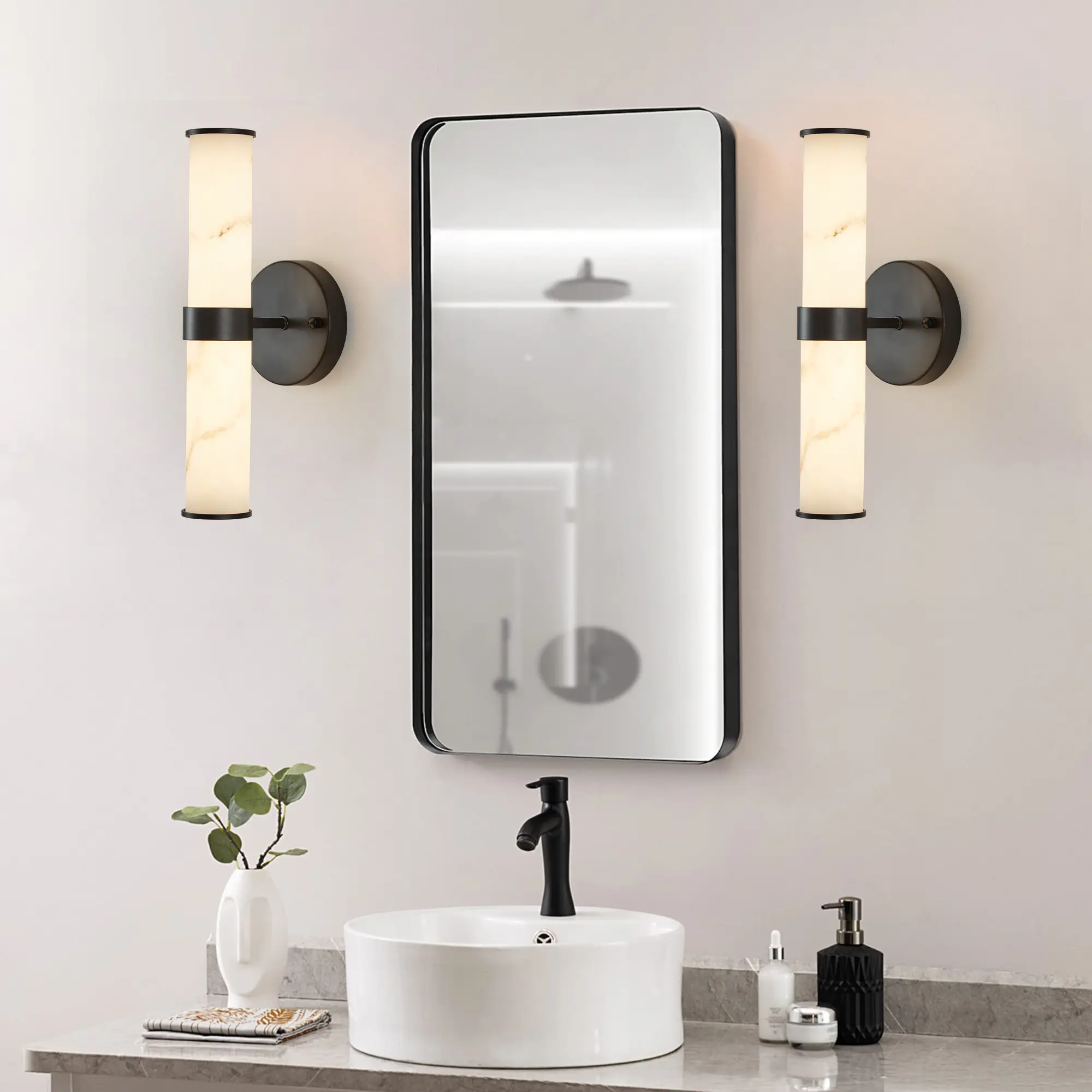Wall Light Sconce Set of 2 with Resin Imitation Marble Shade and Black Iron Frame, Warm Ambient Lighting for Hallway, Bathroom, Bedroom, Living Room, Indoor Use, Modern Home Decor