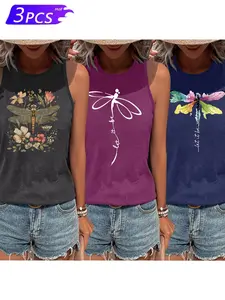 Women's Dragonfly Pattern Sleeveless Vest, Casual Stretch Round Neck Three-Piece Set, Breathable Fabric, Summer Fashion