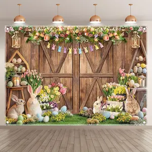 1PC,2D Flat Easter Theme Backdrop, Cute Rabbit Flower Egg Decoration, Wooden Door Scene Tapestry, Party Photography Background Curtain, Festival Decoration Cloth