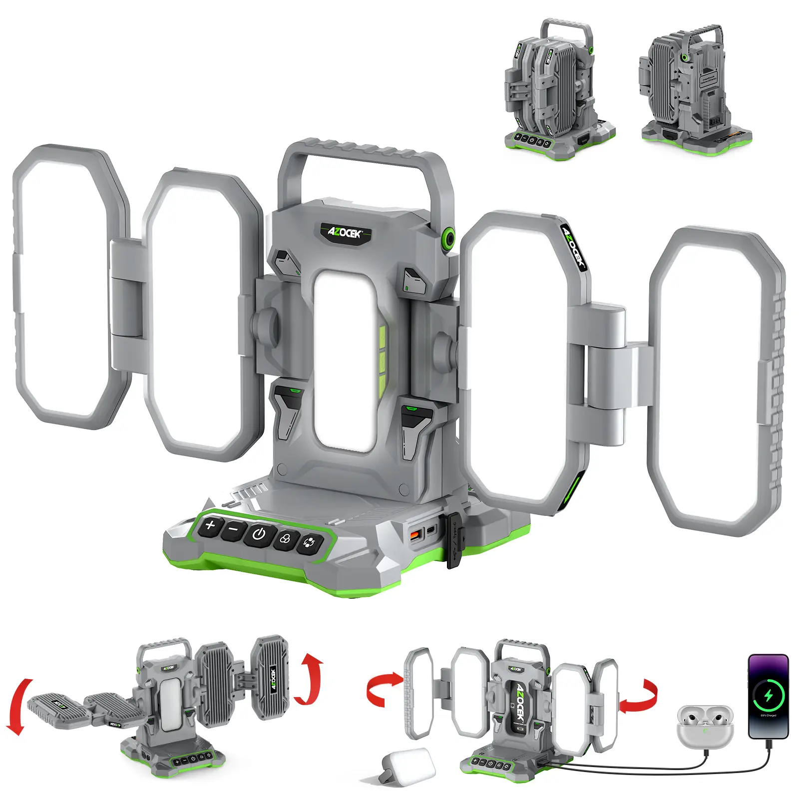 Azocek 10000LM Cordless LED Work Light Compatible with Craftsman 20V Battery, Portable 4-Panel Foldable Garage Work Light for Auto Repair, Car Detailing & Underhood Inspection, Detachable Magnetic Mini Flashlight [Battery Not Included]