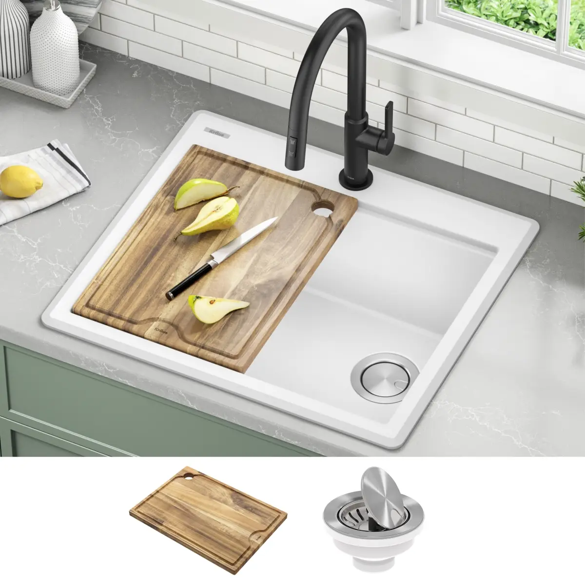 Kraus KGTW12-25WH 25 in. Rectangle Granite Composite Workstation Sink - Drop-In Top Mount, Single Bowl, Durable Bellucci Design, White, Acacia Accessories for Indoor Countertops Meal Prep & Cleanup