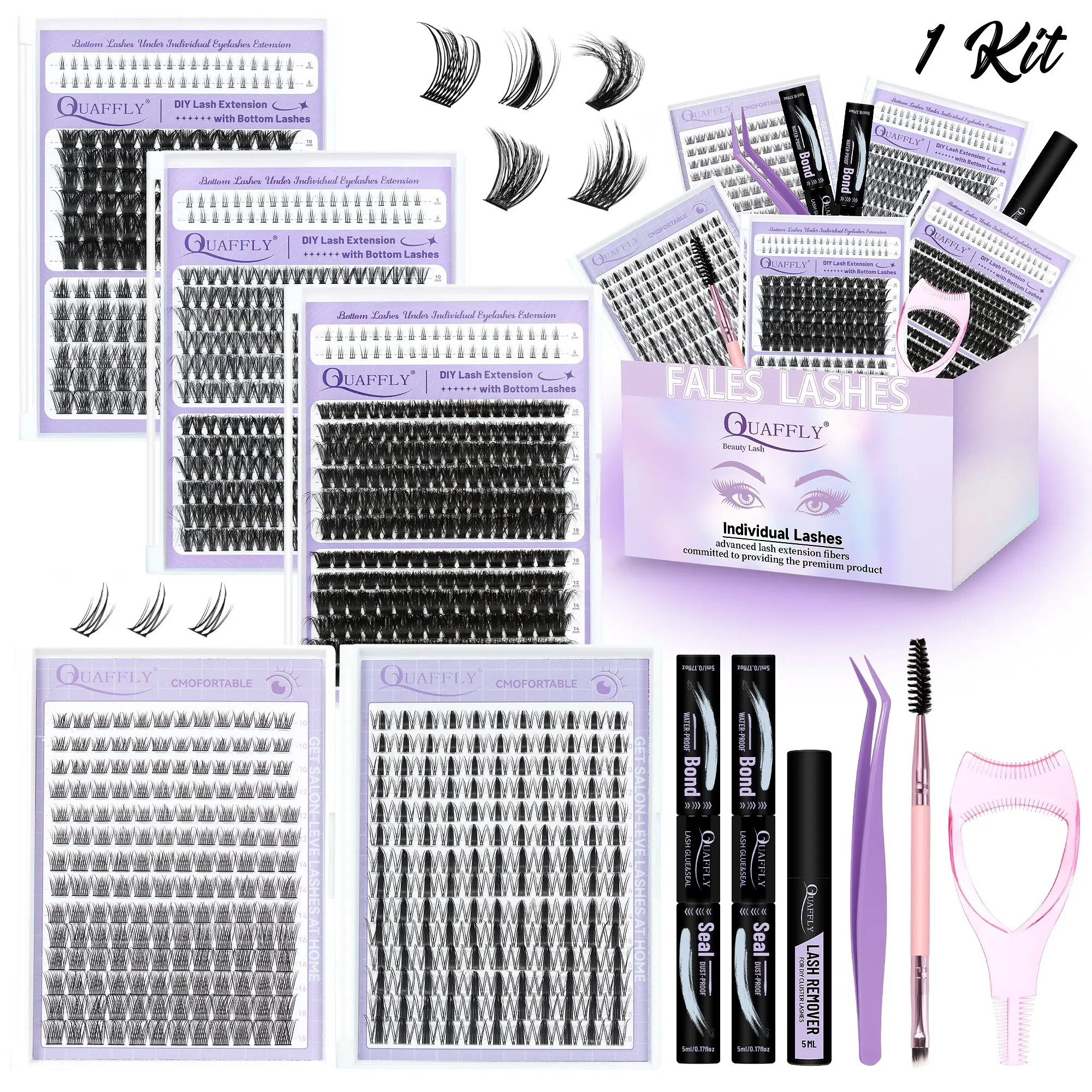QUAFFLY DIY Eyelash Extension Kit 1042pcs Mixed 5-18mm Eyelash Extension Kit with Bottom Lashes Multi-Type Lash Clusters with Bond & Seal*2 Remover Tweezer Brush, Eyelash Separator Tool and Mascara Shield Eyelash Extension Tweezers Eyelash Glue Extension