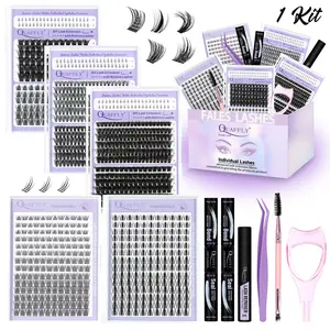 QUAFFLY DIY Eyelash Extension Kit 1042pcs Mixed 5-18mm Eyelash Extension Kit with Bottom Lashes Multi-Type Lash Clusters with Bond and Seal*2 Remover Tweezer Brush and Mascara Shield Eyelash Extension Tweezers