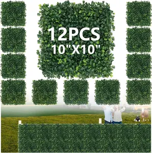 12pcs Artificial Green Grass Wall 10×10in Faux Boxwood Hedge Panels Decoration Fake Topiary Plant Privacy Hedge Fence for Indoor Outdoor Patio Balcony, Party Garden Fence Ornament Fruit Items lush greenery