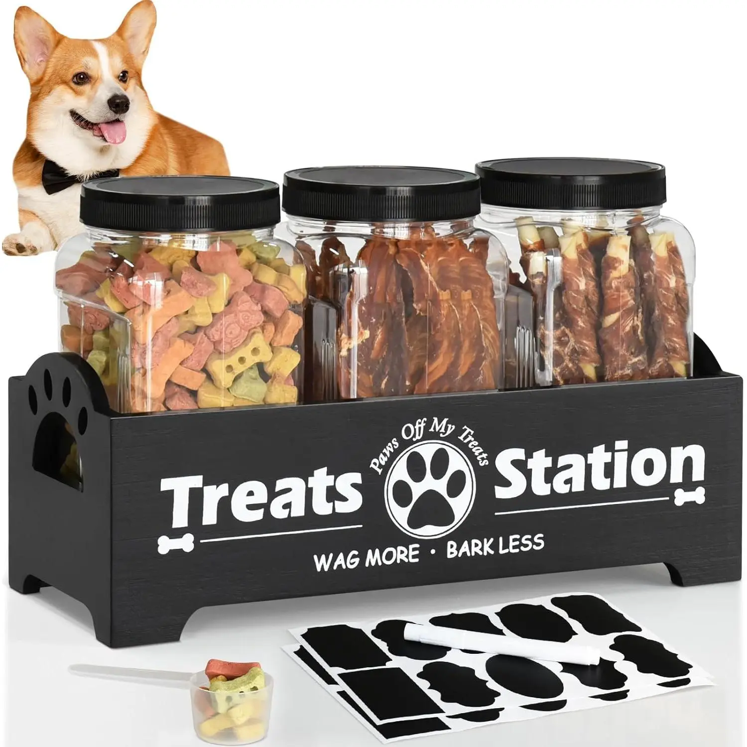 Dog Treat Container Dog Food Storage Container for Countertop, Cat Food Storage Container with 3 Plastic Dog Treat Jar, Dog Food Storage Container for Dog and Cat, Black Wooden Dog Food Container