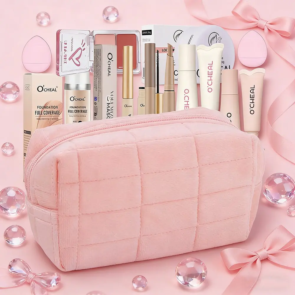 10 Piece Romantic Makeup Set Kit, Beauty Bundle Kit, Cosmetic Makeup Set, All-in-One Makeup Bag, Foundation, Setting Powder, Multifunctional Blush, Lip Gloss, Lash Primer, Contour Stick & Sponge, Gift for Wedding Season/Gift-Giving Season