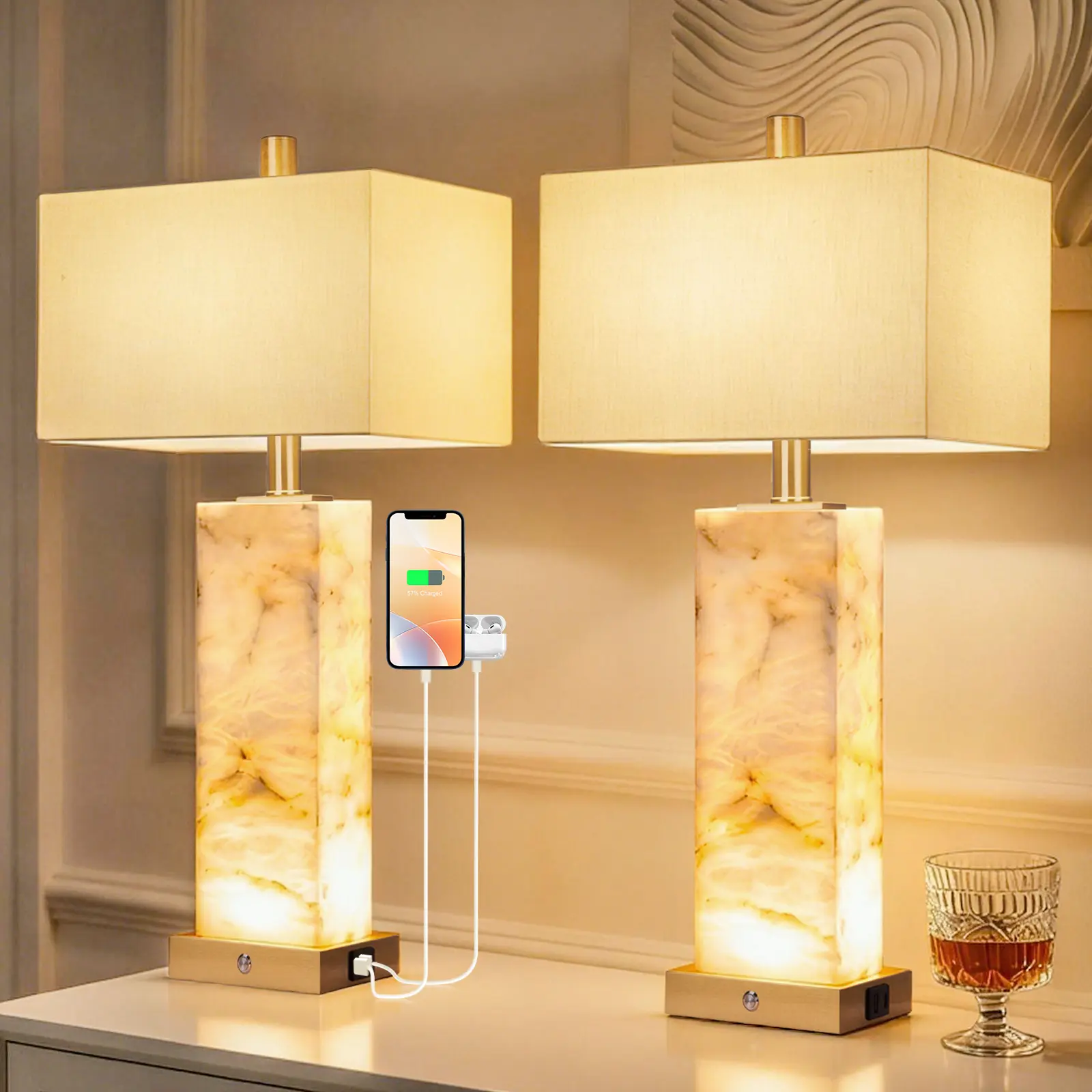 DEMILARE 2-Piece Table Lamps Set - 60W Power, USB A/C Charging Ports, 3-Way Touch Dimmer, Nightlight Mode, Marble Base, Resin Build, Bedroom,Home Decor,Two-Pieces ,SummerFinds,Summer Turn Up