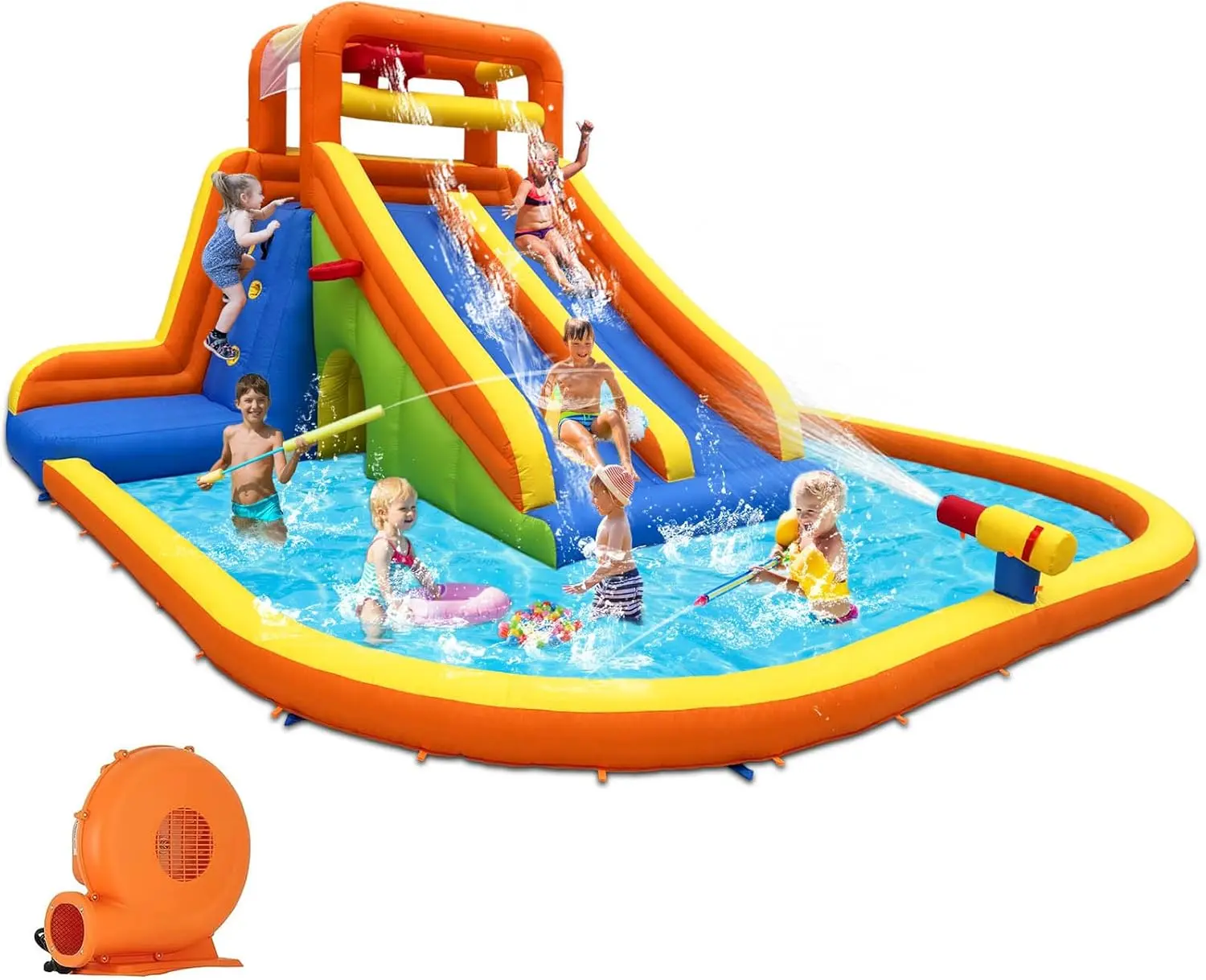 YETRWQHuaKastro 15.6x15FT Giant Water Slide for Big Kids 5-12, Inflatable Water Park with Big Splash Pool, Dual Tall Slides & 2 Climb Walls for Racing Fun, W/Surprise Water Dump Bucket, Hide&Seek Cave